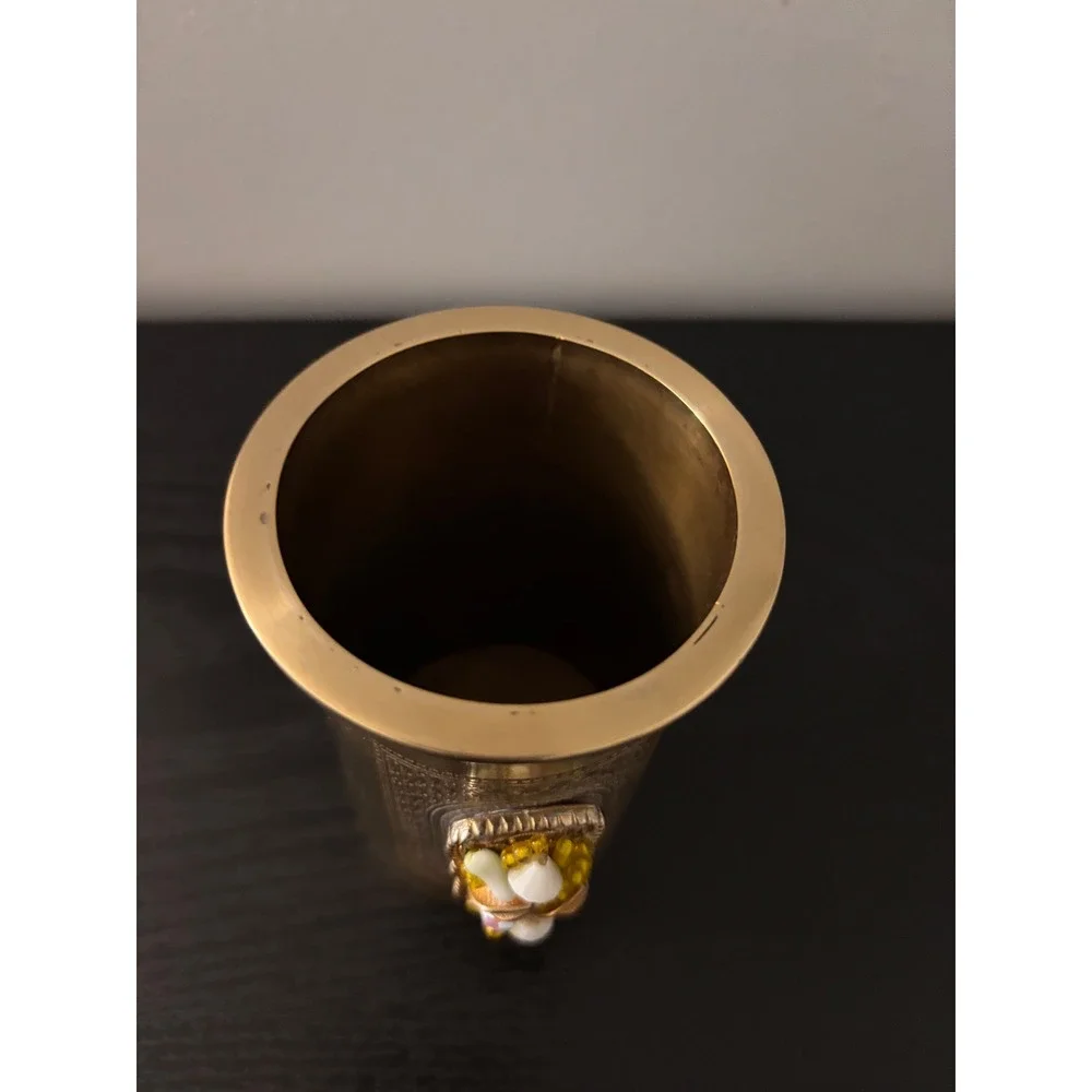 The Bombay Company Vintage Brass Jeweled Etched Cylinder Vase Pencil Pen‎ Holder